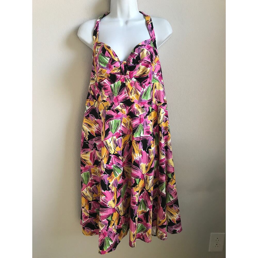 EUC Vintage Vicky Tiel floral Pink sundress size L backless Halter Multi-color